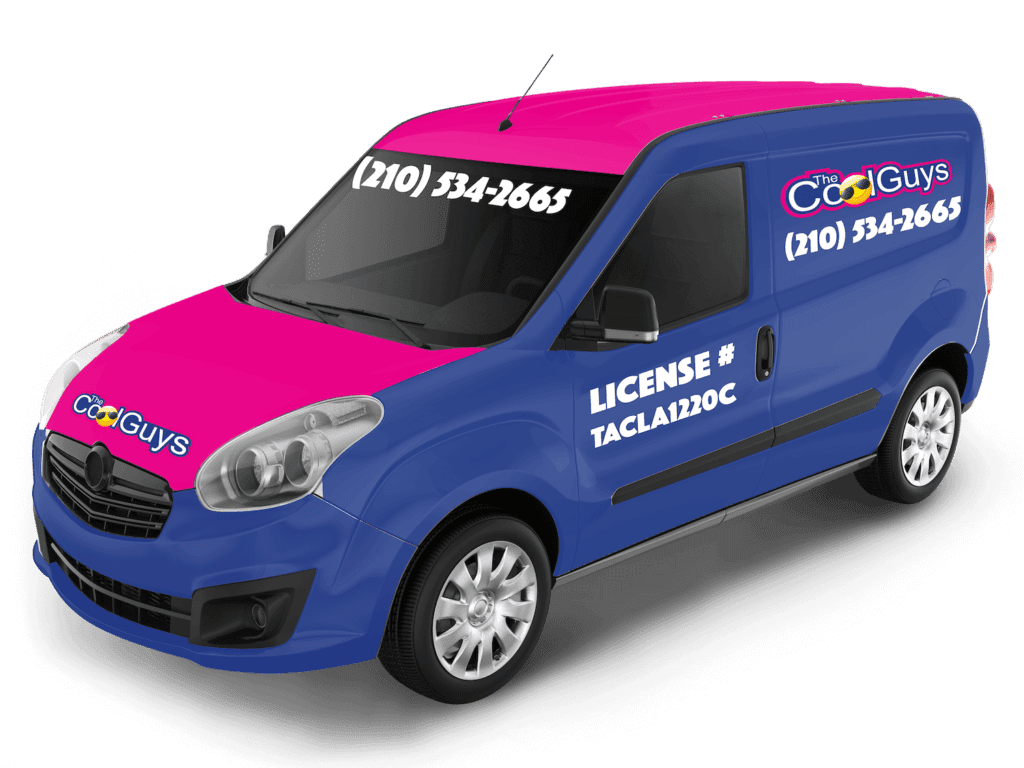 A blue van with pink and purple lettering.