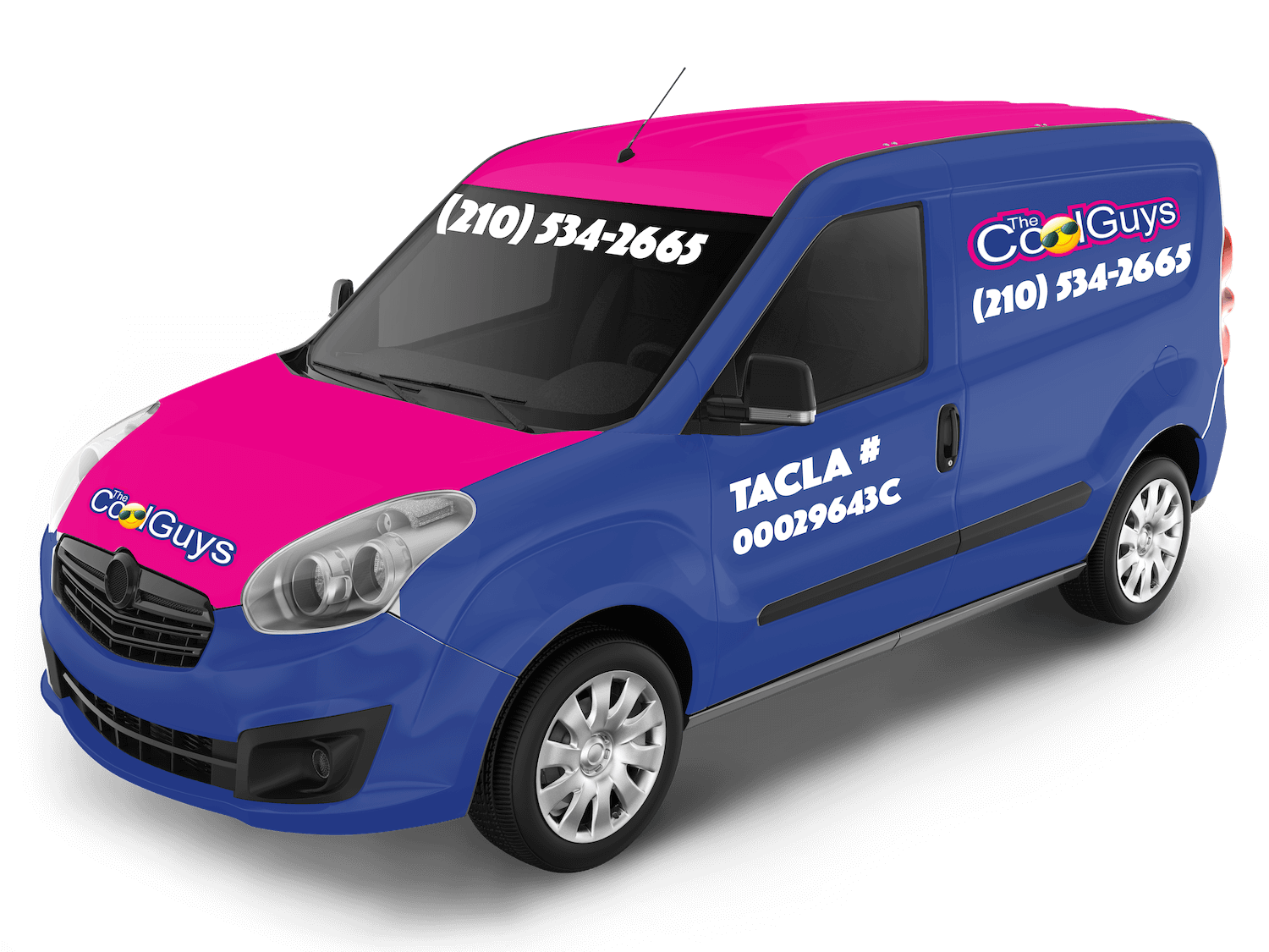 A blue and pink van with the words " taco 9 " written on it.